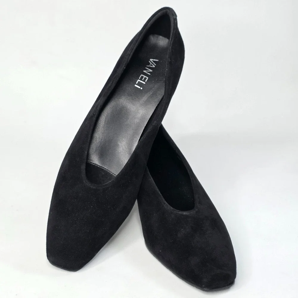Vaneli Solara Womens Heels Size 7.5 Black Suede Block Heel Slip On Classic Shoes